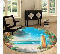 Générique Plage Planche De Surf Plantes Tropicales Fleurs Tapis Rond 120 cm Côtier Salon Moquette Rond, Lavable en Machine Tapis Chambre Adulte Doux 3D Antidérapant Decoration Chambrel Mangerded