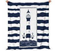 Générique Plaid Couverture Polaire en Flanelle Plaid Rayures Bleues Super Chaude Ancre de Phare Couverture Polaire Haute Qualité Poil Long Douce et Confortable, 150x200 cm