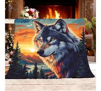 Générique Plaid Couverture Polaire Flanelle en Microfibre, Peinture AnimalièRe de Loup Couverture lit Jeté de Canapé 2 Personnes, Bleu Plaid Fourrure Chaud et Doux en Peluche 180x200 cm
