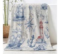 Générique Plaid Couverture Polaire, Style Nautique Vintage Impression Douce Flanelle Couverture de Lit Plaid, Voilier Phare Carte Boussole Jeté de Canapé Convient Adultes et Enfants Rester, 80x150 cm