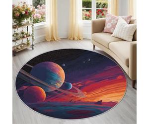 Générique Planètes Aliens Tapis Rond Enfant 100 cm, Multicolore Lavable & Antidérapant, Tapis de Jeux Doux Sci-FI Espace Nébuleuses pour Chambre Bébé & Nurserie