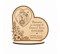 Générique Plaque Mariage en Bois personnalisée cœur avec Socle - Prénoms, Date et Message - Décoration Mariage, Panneau Bienvenue - 24 x 24 cm