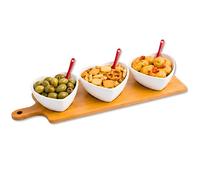 Générique Plateau Apéritif Élégant en Bambou avec Bols en Porcelaine & Cuillères - Set Apéritif Premium pour Tapas, Snacks, Olives & Sauces - Service Apéro Design pour Soirée, Brunch & Cadeau