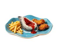 Générique Plateau Service Requin - Support Céramique Apéritif | Logette Sauce Amovible | Assiette Marine Peinte Main, Boltrempette Inclus, Adapté Crustacés, Pommes Frites, En-cas, Banquets