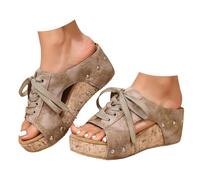 Générique Platform Wedge Sandals for Women Open Toe Cork Wedges Comfortable Slip On Slides Retro Lace Up Summer Casual Beach Vacation Shoes (khaki,37)