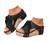 Générique Platform Wedge Sandals for Women Open Toe Cork Wedges Comfortable Slip On Slides Retro Lace Up Summer Casual Beach Vacation Shoes (black,41)