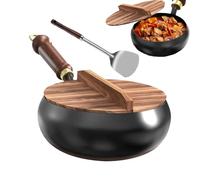 Générique Poêle En Fer Avec Couvercle En Bois - Poêle Japonaise Forgée À La Main De 24 Cm Antiadhésive | wook Chinois À Fond Plat Avec Couvercle Et Spatule Pour Maison, Restaurant, Camping, Barbecue