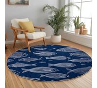 Générique Poisson Ligne Tapis Rond 160 cm Dessiné À La Main Salon Moquette Rond, Bleu Foncé Lavable en Machine Tapis Chambre Adulte Doux 3D Antidérapant Decoration Chambrel Mangerded