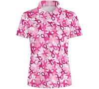 Générique Polo Femme Manche Courte Rose,Tee Shirt Octobre Rose Haut Chic Et Elegant Imprimé Ruban Sensibilisation Cancer du Sein Col à Revers Chemise LéGer Et Confortable Polos avec 8 Boutons