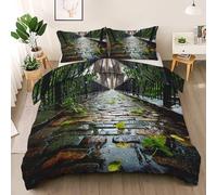 Générique Pont de Pierre Housse de Couette 140x200 cm, Après la Pluie Parure de Lit 1 Personne avec Fermeture Éclair, Plante Vert Couette en Microfibre avec 1 Taie d'oreiller 65x65 cm