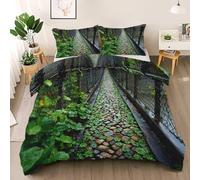 Générique Pont de Pierre Housse de Couette 160x200 avec 2 Taies d'oreiller 65x65 cm - Sentier Forestier Parure de lit 160x200 - Microfibre Parure Couette avec Fermetures éclair, Vert
