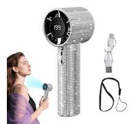 Générique Portable Handheld Fan - Rechargeable USB Mini Fan with Digital Display | Rhinestone Decoration, 199 Speeds, 3-in-1 Handheld/Desktop/Neck Hanger, for Men Women Outdoor Indoor, 5.5x5.4x15.6cm