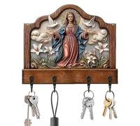 Générique Porte-clés Mural en Bois - Décor Maison Vierge Marie Religieux Chrétien avec 4 Crochets Cuivre Antique | Organisateur Clés Entrée Style Ferme | Range Bijoux Chapelet Cintre Multifonction