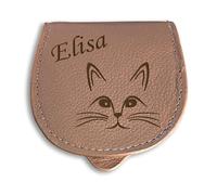 Générique Porte Monnaie Beige en Cuir de Vachette, personnalisé avec Votre Texte ou prénom et Un Dessin au Choix (Ici Chat).