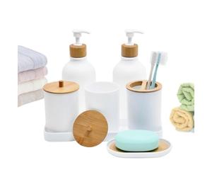 Générique Porte-Savon 2 Flacons à Liquide avec 2 Bocaux pour Cotons-Tiges | Porte-Savon avec Gobelot et Plateau pour Salle de Bain, Plan de Travail Cuisine, Rangement Dormitoire