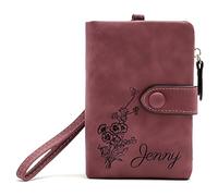 Générique Portefeuille en Cuir Rose personnalisé Mois de Naissance Fleur et Nom Porte-Monnaie Porte-Cartes pour Femmes Filles Cadeau personnalisé pour Anniversaire Noël Fête des mères (Red)