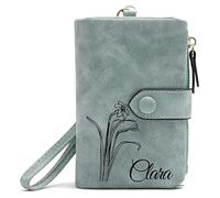 Générique Portefeuille en Cuir Rose personnalisé Mois de Naissance Fleur et Nom Porte-Monnaie Porte-Cartes pour Femmes Filles Cadeau personnalisé pour Anniversaire Noël Fête des mères (Green)