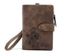 Générique Portefeuille en Cuir Rose personnalisé Mois de Naissance Fleur et Nom Porte-Monnaie Porte-Cartes pour Femmes Filles Cadeau personnalisé pour Anniversaire Noël Fête des mères (Brown)