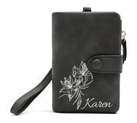 Générique Portefeuille en Cuir Rose personnalisé Mois de Naissance Fleur et Nom Porte-Monnaie Porte-Cartes pour Femmes Filles Cadeau personnalisé pour Anniversaire Noël Fête des mères (Black)