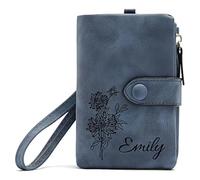 Générique Portefeuille en Cuir Rose personnalisé Mois de Naissance Fleur et Nom Porte-Monnaie Porte-Cartes pour Femmes Filles Cadeau personnalisé pour Anniversaire Noël Fête des mères (Blue)