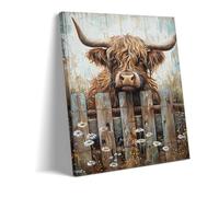 Générique Portrait De Vache Des Highlands Regardant Par-dessus La Barrière Tableau Toile Rustique Décor Mural Pour Salon Cuisine Cottage (1,60x90cm Encadré)