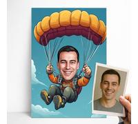Générique Portrait Saut en Parachute Personnalisé avec Photo - Caricature Homme Style Dessin Animé - Cadeau Parachutiste Original - Affiche ou Toile Personnalisable - Décoration Murale Garçon
