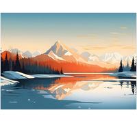 Générique Poster couché de soleil, paysage montagne, lac et neige. Décoration thème hiver. Dessin en ligne claire. Affiche Alpes, Pyrénées sans cadre. (50x70)