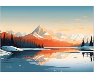 Générique Poster couché de soleil, paysage montagne, lac et neige. Décoration thème hiver. Dessin en ligne claire. Affiche Alpes, Pyrénées sans cadre. (50x70)