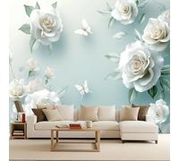Générique Poster Mural Chambre Fond Bleu-Vert Clair, Papier Peint Panoramique Roses Blanches Sur Fond Bleu-Vert Clair, Fond Mural Complet Fresque Murale Art Murals 3D SalonDécoration
