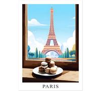 Générique Poster Paris aux couleurs claires | Affiche Tour Eiffel bleue et beige, Louvre. Spécialité française. Patisseries, Macarons, croissant. Décoration de cuisine, idée cadeau. (Macaron, 50x70)