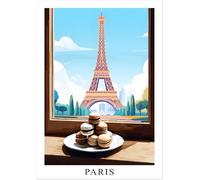 Générique Poster Paris aux couleurs claires | Affiche Tour Eiffel bleue et beige, Louvre. Spécialité française. Patisseries, Macarons, croissant. Décoration de cuisine, idée cadeau. (Macaron, 21x30)