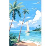 Générique Poster voilier et cocotier aux couleurs claires et vives, thème été. Plage et océan. Affiche bateau bleu sans cadre pour chambre et salon. (21x30)