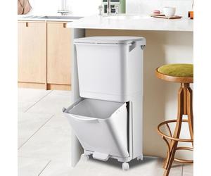 Générique Poubelle de cuisine 38 L à 2 compartiments - Système de tri des déchets plastiques recyclés, poubelle à pédale avec couvercle, poignée, crochet et roulettes pour cuisine, maison et bureau