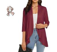 Générique Presencte Women's Casual Lightweight Open Front Cardigans, Women's 3/4 Sleeve Cardigan Ruffle Cardigan (Red,3TG)
