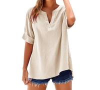 Générique Prime+ Chemisier Femme Chic et élé Chemise Femme Lin T-Shirt Manches Longues Col V Bouton Tshirt Couleur Unie Lâche Respirant Coton Lin Tunique Grande Taille Tops Pas Cher