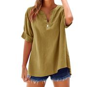 Générique Prime+Deals Chemisier Femme Chic et élé Chemise Femme Lin T-Shirt Manches Longues Col V Bouton Tshirt Couleur Unie Lâche Respirant Coton Lin Tunique Grande Taille Tops Pas Cher