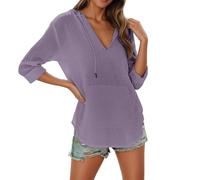 Générique Pull à Capuche pour Femme - Manches 3/4 - ÉLéGant - Col en V - Couleur Unie - Cordon De Serrage - Tunique D'éTé - DéContracté - Chemisier D'éTé - Chemisier De Plage