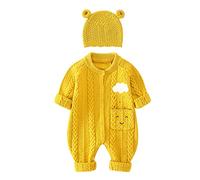 Générique Pull BéBé GarçOn,Nouveau-Né Infantile BéBé Tricoté Barboteuse Coton à Manches Longues GarçOn Fille Pull VêTements BéBé Combinaison Oreille Chapeau Tenues Ensemble (Yellow 12-18 Months)