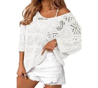 Générique Pull Crochet Ajouré Femme Épaules Dénudées Haut Tricot Léger Manches 3 4 Coupe Ample Blouse Été Style Bohème Vacances Plage, 01-White, XXL