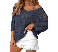 Générique Pull Crochet Ajouré Femme Épaules Dénudées Haut Tricot Léger Manches 3 4 Coupe Ample Blouse Été Style Bohème Vacances Plage, 03-Navy, M