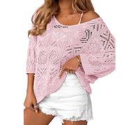 Générique Pull Crochet Ajouré Femme Épaules Dénudées Haut Tricot Léger Manches 3 4 Coupe Ample Blouse Été Style Bohème Vacances Plage, 02-Light Pink, XXL