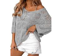 Générique Pull Crochet Ajouré Femme Épaules Dénudées Haut Tricot Léger Manches 3 4 Coupe Ample Blouse Été Style Bohème Vacances Plage, 08-Silver, XL