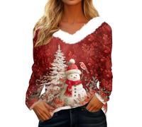 Générique Pull De Noel Femme Manche Longue Blouse Femme Col en V Hauts Impression Décontractée Vintage Top Classique Rouge L