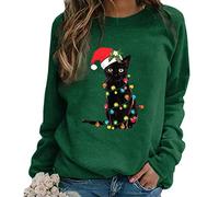 Générique Pull De Noel Femme Père Noël chat noir emmêlé dans les lumières de Noël Manche Longue Pull De Noël pour Femme Manches Longues Haut Sweat Noel Femme Col Rond