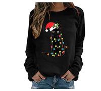 Générique Pull De Noel Femme Père Noël chat noir emmêlé dans les lumières de Noël Manche Longue Pull De Noël pour Femme Manches Longues Haut Sweat Noel Femme Col Rond