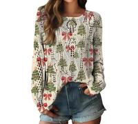 Générique Pull De Noel Femme Rouge Manches Longues Oversize Renne Imprimé Nouveauté Tee Shirt San Capuche Coton Sweatshirt Pas Cher Xmas Pullover Rigolo Sport Sweat-Shirt Col Rond Moche Sweats