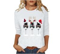 Générique Pull de Noël Grande Taille à Col Rond,Haut Noël pour Femme à Manches 3/4 avec Imprimé avec Un Bonhomme Neige,Un Renne et Verre à vin,T-Shirt de Noel Amusant et élégant décontracté