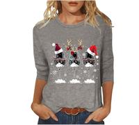 Générique Pull de Noël Grande Taille à Col Rond,Haut Noël pour Femme à Manches 3/4 avec Imprimé avec Un Bonhomme Neige,Un Renne et Verre à vin,T-Shirt de Noel Amusant et élégant décontracté