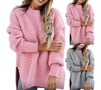 Générique Pull en Laine Femme Grosse, Pull Chaud Femme Hiver Grande Taille, Sweater Latéral Fendue Pullover Tricoté Polyvalent Haut Décontracté Couleur Unie Tunique Extérieur Quotidiennes Sweater