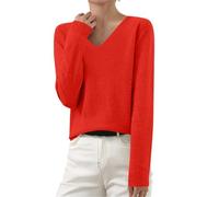 Générique Pull Femme Automne Pullover Tricot Maille Fine Léger Col V Manches Longues Couleur Unie Hauts Confortable Tops Basique pour pour Bureau et Sorties, Rouge, M